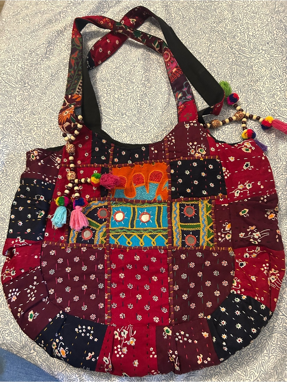 Boho Patchwork Tote Bag in Burgundy and Multicolor